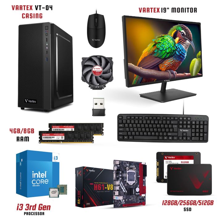 Vartex OfficePro-X441- Computer Set - Intel Core i3 3rd Gen, 4GB/8GB RAM, 128GB/256GB/512GB SSD, Windows 10, 19-inch LED Monitor, Keyboard & Mouse with Wi-Fi Connectivity