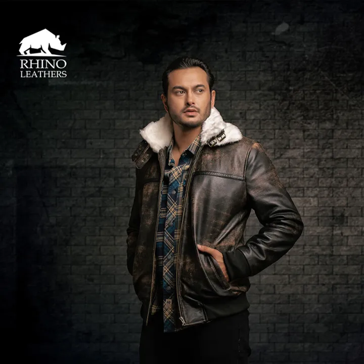 Rhino%20Leather%20Men's%20Genuine%20Stonewash%20Leather%20Jacket%20with%20Fur%20on%20Collar%20-%20Image%202