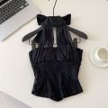 Simple Sleeveless Lace-up Camisole Pleated Solid Color Lace Vest Tops Beach Wear Halter Women's Crop Top Party. 