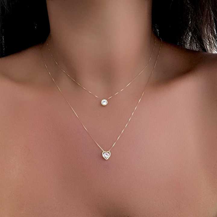 Enacolor Delicate Zircon Heart Water Drop Pendant Necklace for Women Bilayer Golden Metal Clavicle Chain Jewelry Accessories New 2024