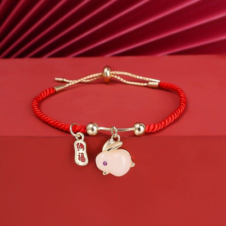 Lucky Rabbit Red Rope Bracelet Cute Jade Bunny Charm Bracelets for Women Red Opal Bead Chains Bangles Chinese New Year Gifts
