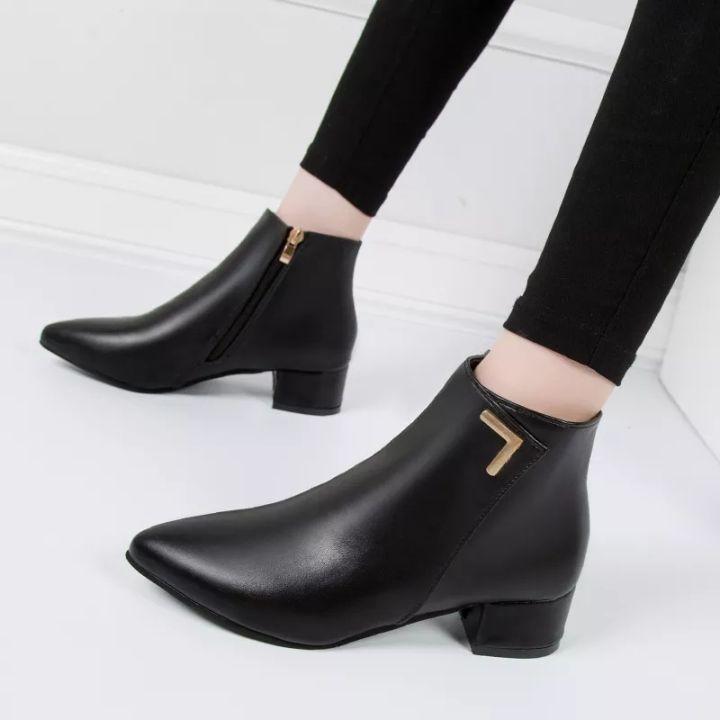 Fashion Women Boots Casual Leather Low High Heels Spring Shoes Women Pointed Toe Rubber Ankle Boots