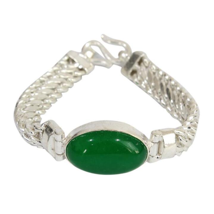 Green Stoned Silver Bracelet For Men - 64.12G