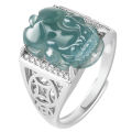 【Unlimited repurchase】S925 Silver Inlaid Pure Natural A Goods Jade Blue Water Pixiu Jade for Men and Women Adjustable Couple Fashion Ring. 