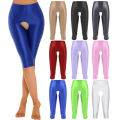 Womens Glossy Open Crotch Shorts Stretchy Smooth Elastic Waistband Leggings Slim Fit Short Pants Oil Shiny Boxer Shorts Panties. 