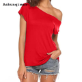 Ashunqiwen Affordable New specials Women's One Shoulder Off Tee Tops, Short Sleeve T Shirts, Basic Loose Shirt, Solid Casual Clothes, Summer Fashion. 