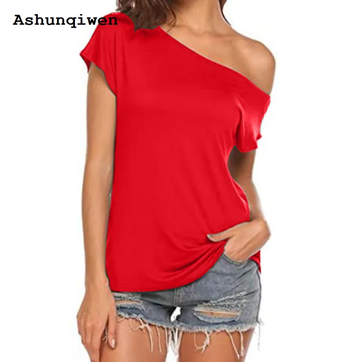 Ashunqiwen%20Affordable%20New%20specials%20Women's%20One%20Shoulder%20Off%20Tee%20Tops,%20Short%20Sleeve%20T%20Shirts,%20Basic%20Loose%20Shirt,%20Solid%20Casual%20Clothes,%20Summer%20Fashion%20-%20Image%209