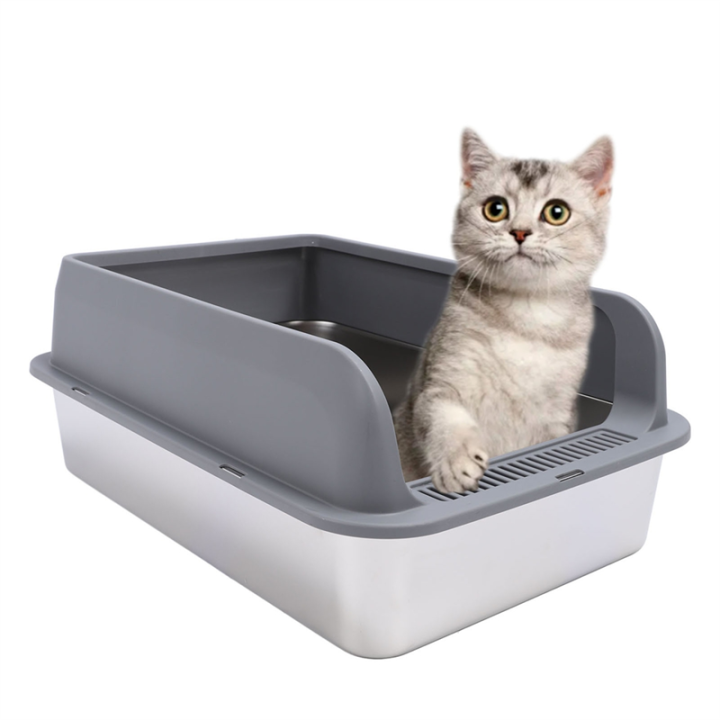 Semi Enclosed Stainless Steel Litter Box with Lid Anti-Splashing High Sides for Cats Easy to Clean