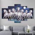 5 Panel Seven White Horse Force running on dark night on river matte canvas cotton print tightly wrapped in wooden frame | HQ | Great significance in vastu | XS | Not stickers nor forex board. 