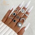 Enacolor 9Pcs/Set Retro Silver Black Crystal Lotus Moon Ring Set for Women, Ethnic Joint Rings Fashion Jewelry Accessories. 