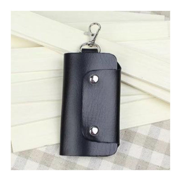 Faux Leather Key Organizer Case Keychain Holder Magnetic Button Pouch Bag - Black