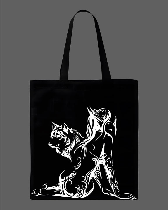 Tribal%20Wolf%20&%20Female%20Silhouette%20Printed%20Tote%20Bag%20%7C%20Artistic%20Eco-Friendly%20Cotton%20Shoulder%20Bag%20-White,%20Black%20-%20Image%203