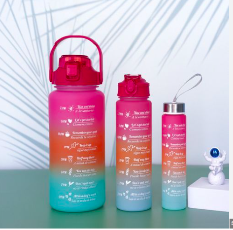 3 in 1 Gradient Color Motivational Bottles Lock Feature & Top Lid with Straw For Office/Home/Sports/Outdoor (2000 Ml, 900 Ml and 300 Ml)