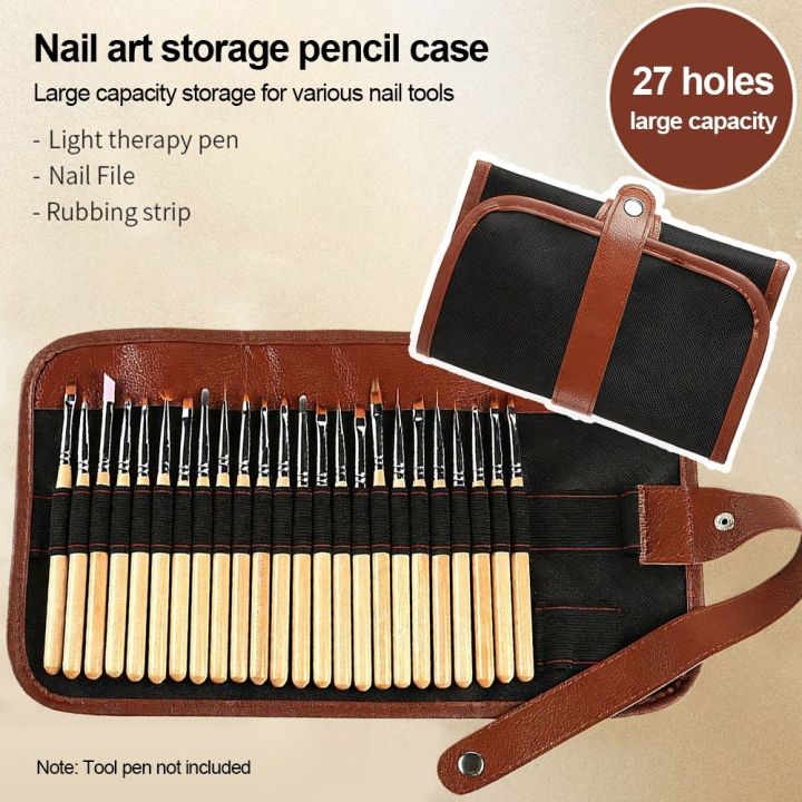 New 25 Holes Nail Art Tool Storage Foldable Large Capacity Light Therapy Pen Storage Leather Canvas Nail Art Pen Storage Box