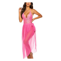 Women Sexy One Piece Lingerie Deep V Lace Bodysuit Mosaic Lace Teddy Mesh Skirt Sleepwear  Free Size Pink Color. 