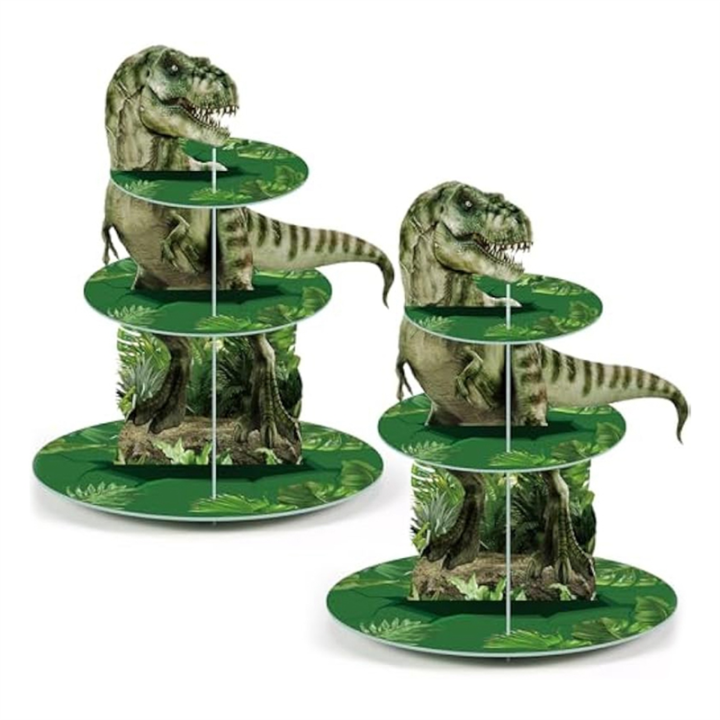 2 Piece 3 Tier Cupcake Stand Party Decorations Dinosaur Theme Cupcake Holder Decorations As Shown Dinosaur Dessert Tower for Kids