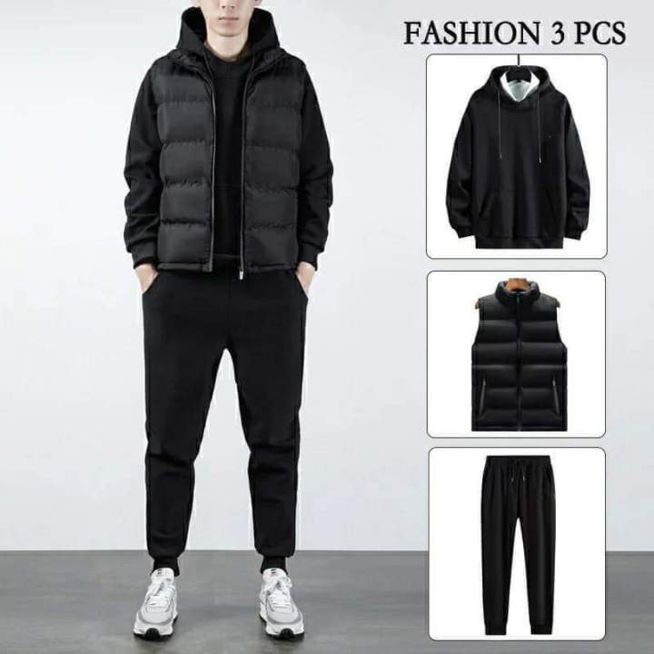 Set Of 3 Pieces Winter Wear - Warm Stylist Combo Set Half Jacket Cotton Hoodie And Joggers For Men - Fashion | Winter Wear For Men