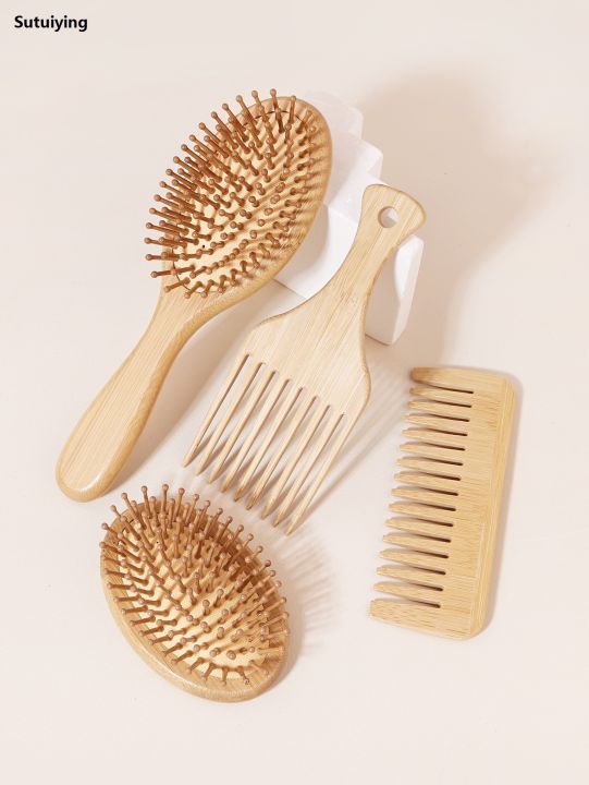 Sutuiying 4PCS bamboo and wood massage comb set, detoxification hair brush, Fashion scalp massager anti-static, suitable for household use
