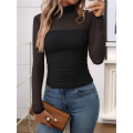 Women'S - Mock Turtle Neck Long Sleeve Tops Sheer Mesh Ruched Trendy Going Out Shirts Blouse. 