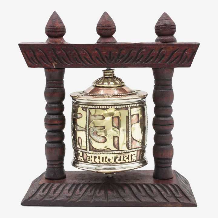 Dark Maroon Handmade Wooden Om Mane Padme Hum Single Wheel Stand