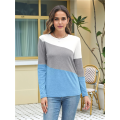 Women'S Color Block Tops Casual Long Sleeve Tunic Round Neck Pullover Shirts White & Blue L. 