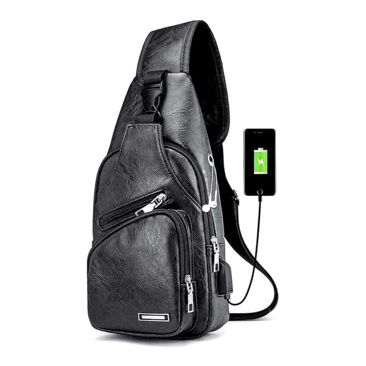 Black Color Plain Design Leather Side Cross Body Bag For Men