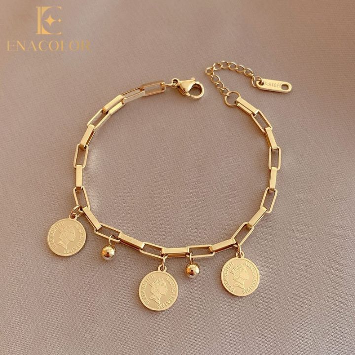 Enacolor Women Personality Titanium Steel Circle Card 18K Gold Plated Bracelets Ins Girl Hip Hop New Accessories Fashion
