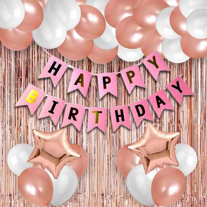 Happy Birthday Banner Decoration Kit Set with metallic balloons (Pink Banner Rose Gold Balloon combo - Pack of 44)