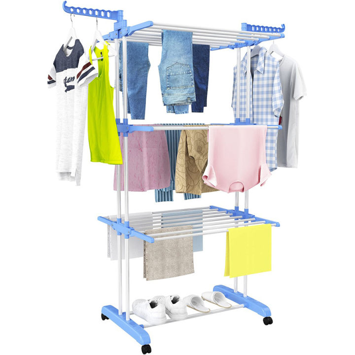 4-Tier Foldable Clothes Drying Rack | Space-Saving Metal Laundry Stand with Side Wings & Wheels | Cloth Hanger