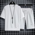 Waffle short sleeve t-shirt men's casual sportswear wholesale summer loose two-piece half-sleeved t-shirt two-piece set. 