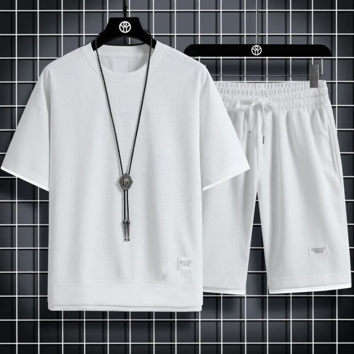 Waffle%20short%20sleeve%20t-shirt%20men's%20casual%20sportswear%20wholesale%20summer%20loose%20two-piece%20half-sleeved%20t-shirt%20two-piece%20set%20-%20Image%208