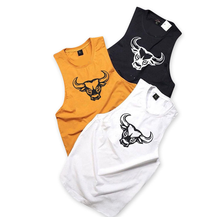(Pack Of 3) Men’s Bull Print Sleeveless Cotton Workout (Gym) Vest (Black/Yellow/White)