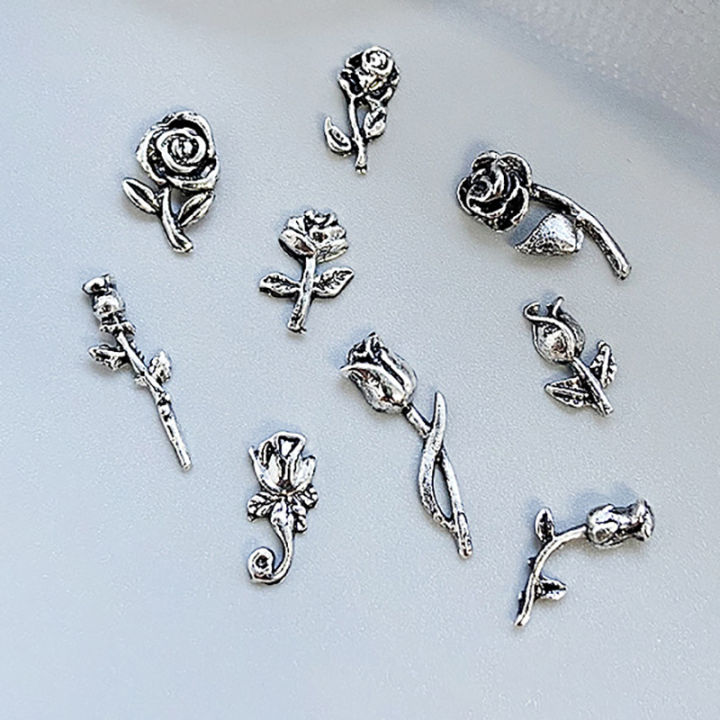10PCS%203D%20Rose%20Nail%20Art%20Ornament%20Alloy%20Nail%20Art%20Charms%20DIY%20Craft%20For%20Nail%20Decoration%20Silver%20Retro%20Flower%20Nail%20Charm%20Jewelry%20Salon%20Fengshi%20-%20Image%204