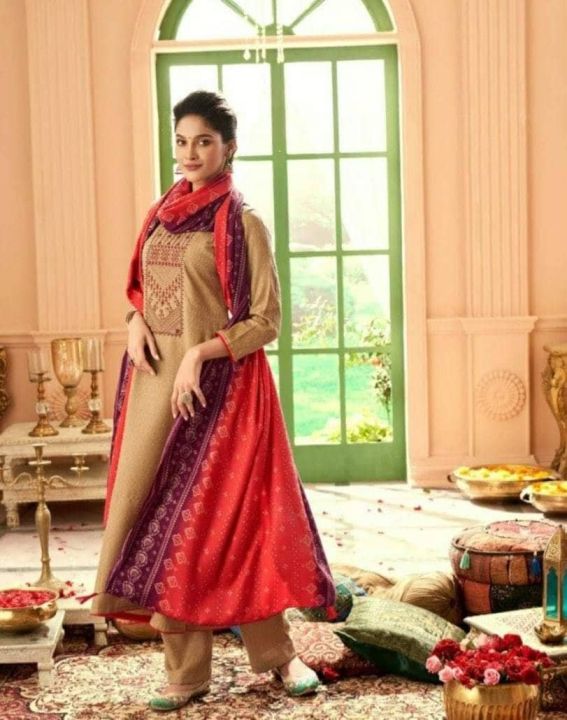 Cream Pashmina Fabric Unstitched Kurta Surwal Piece