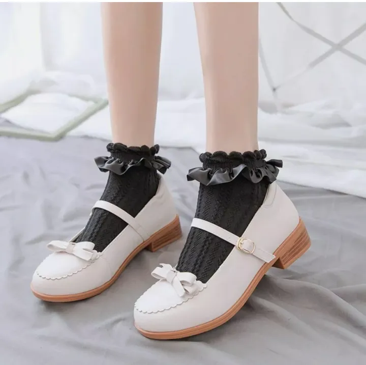 Socks%20For%20Women%20Summer%20Cotton%20Blend%201%20Pair%20Ruffle%20Bowknot%20Cute%20Casual%20Style%20Black%20and%20White%20-%20Image%207