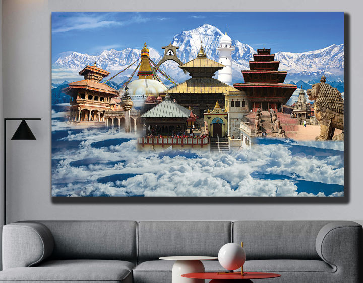 Nepali Cultural Heritage Temple Canvas With Wooden Framming For Wall/Home/Living Room Decoration (24inch by 18inch)