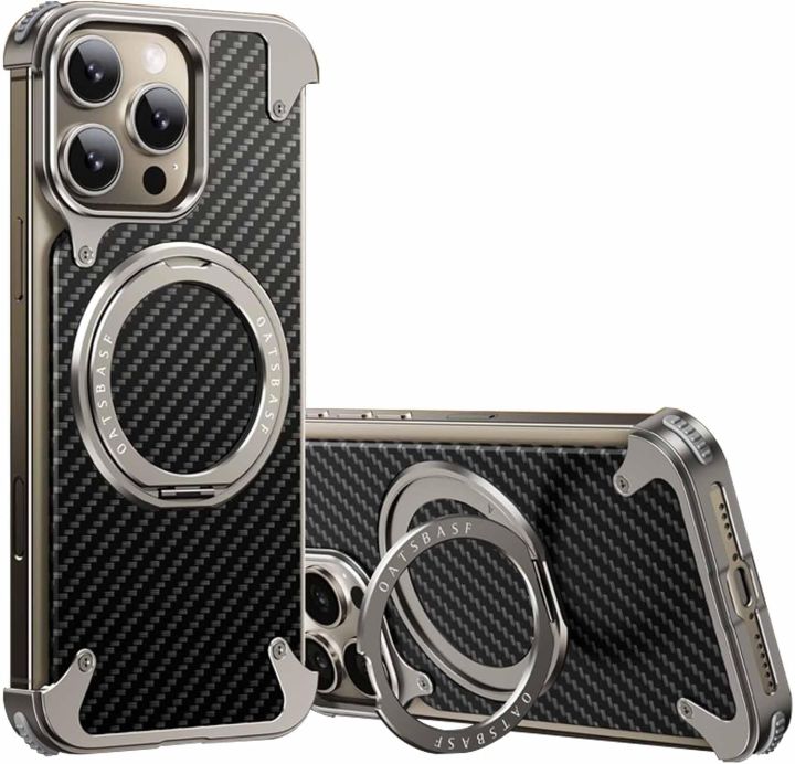 Carbon Fiber Case for iPhone 16 Pro Max, Frameless Heat Dissipation with 360 Rotatable Stand, Military-Grade Protection, Compatible with MagSafe