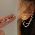 1 Set Crystal Butterfly Korean Ear Cuff Earrings – Fashionable Hanging Cross Chain Clip-On Studs. 