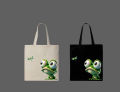 Cute Funny Frog & Dragonfly Graphic Canvas Tote Bag – Eco-Friendly Cotton Shoulder Shopping Bag-White, Black. 