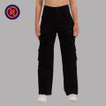 Nepster Black High Rise Premium Straight Cotton Cargo Box Pants For Women. 