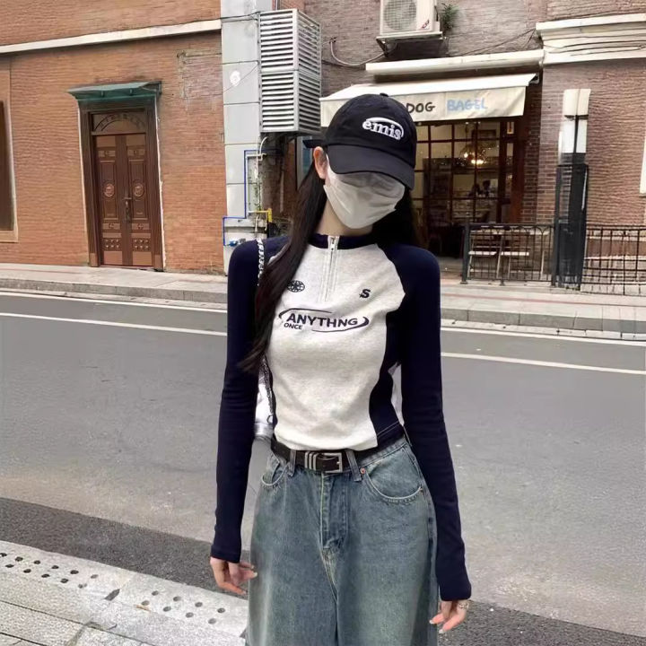 40%20count%20cotton%20thread,%2095%20cotton%205%20spandex%20long%20sleeve%20T-shirt,%20women's%20autumn%20slim%20design,%20zipper%20short%20shoulder%20top%20-%20Image%202