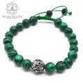 Unisex Malachite Stone Wrist Mala With Mantra Carved White Metal/ Bracelet. 