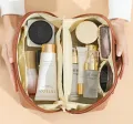 Travel PU Leather Cosmetic Makeup Bag and Makeup Organizer Side Zipper Pouch Travel Toiletry Kit. 