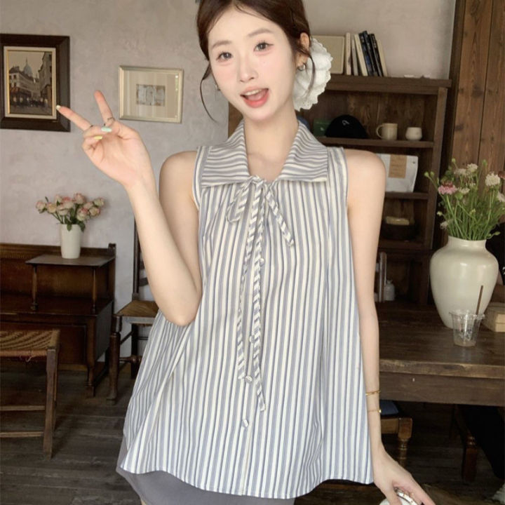 New%20Striped%20Bow%20Shirt%20For%20Women%20Summer%20Fashion%20Sleeveless%20Top%20Slimming%20Vest%20Casual%20Style%20Korean%20Version%20Shirts%20-%20Image%203