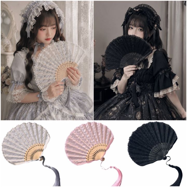 Retro Multicolor Lace Folding Fan Flower Pattern Shell-Shaped Hand Fold Fan Gifts Dance Props Portable Fan Performance Favors