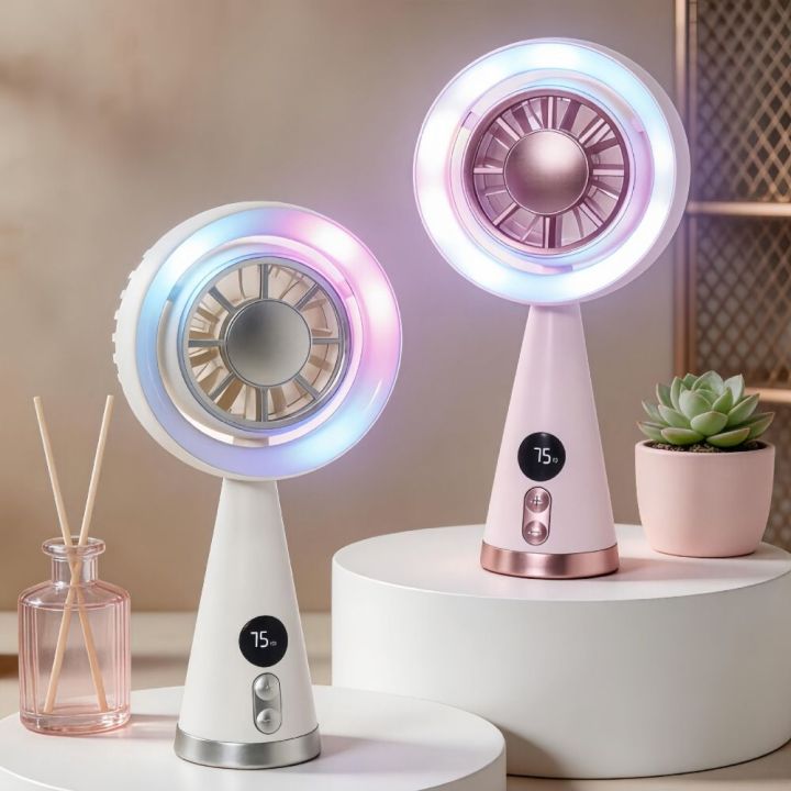 Electric Cooling Handheld Fan Compact Lightweight Rechargeable Fan Soft Lighting Gentle Wind Digital Display Fan Travel