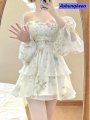 Ashunqiwen French Elegant Floral Mini Dress Chiffon Long Sleeve Evening Party Dress Women Holiday Beach Boho Fairy Dress Korean 2024 Robes. 
