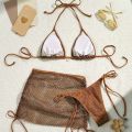 Fashion Mesh 3 in Swimwear Set Slim Fit Lace Up Bikini Bathing Suit Beachwear Clothing Deep-V Sleeveless Swimsuit Swimming Pool. 