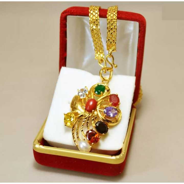 Gold Plated Chain With Navratna Stones Embellished Locket For