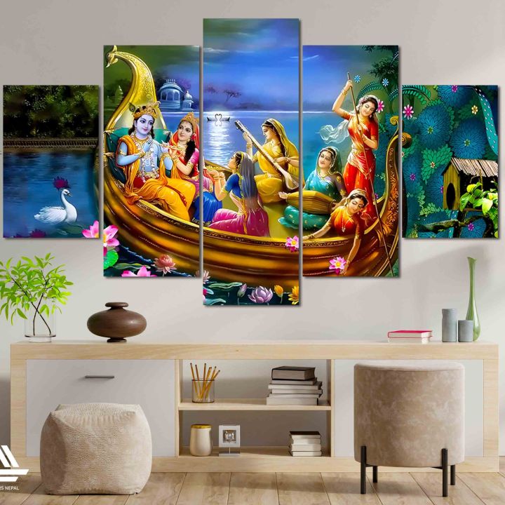 Big Size Radha Krishna 5 Panel Canvas | Wall | Home Decor | Canvas | Wall Art With Frame Inside By Etraders Nepal